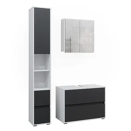 Vicco  Badmöbel-Set Maltin Weiß/Anthrazit 3 Teile, mit Hochschrank