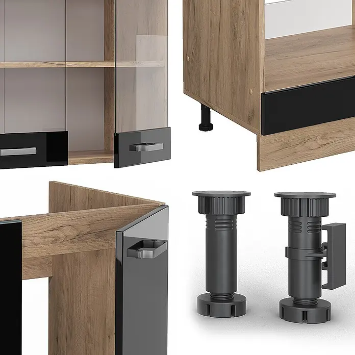 Vicco Eckküche R-Line Schwarz Hochglanz/Goldkraft Eiche, AP Eiche - B x T: 287 x 60 cm, Schwarz Hochglanz, Ohne Elektrogeräte - Modulares Möbel in Holzoptik mit glänzenden schwarzen und grauen Akzenten, silbernen Griffen und verstellbaren dunkelgrauen Kunststofffüßen.
