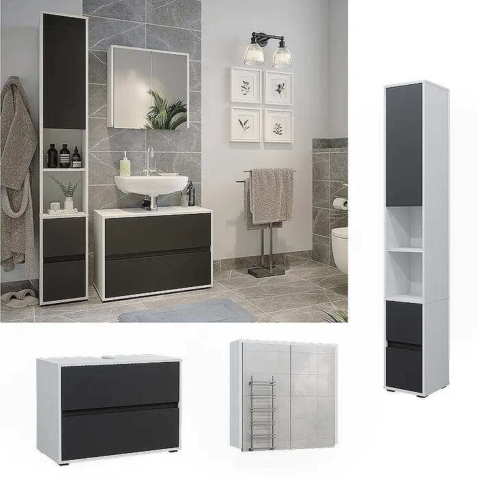 Vicco Badmöbel-Set Maltin Weiß/Anthrazit 3 Teile, mit Hochschrank - Gesamtbreite Badmöbel: 110,4 cm, Weiß, Matt - Moderne Badezimmermöbel in Schwarz-Weiß, bestehend aus Waschtischunterschrank, Hochschrank, Spiegelschrank und Wandschrank für umfassenden Stauraum.