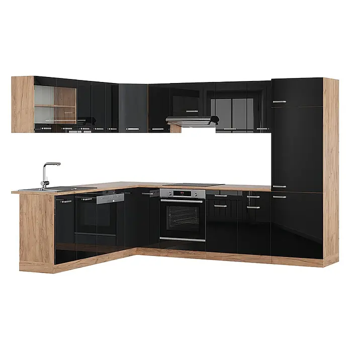 Vicco Eckküche R-Line Schwarz Hochglanz/Goldkraft Eiche, AP Eiche - B x T: 287 x 60 cm, Schwarz Hochglanz, Ohne Elektrogeräte - Moderne L-förmige Küche in Schwarz Hochglanz und Holzoptik, mit integrierten Geräten: Spüle, Backofen, Kochfeld, Dunstabzugshaube.