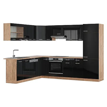 Vicco  Eckküche R-Line Schwarz Hochglanz/Goldkraft Eiche, AP Eiche