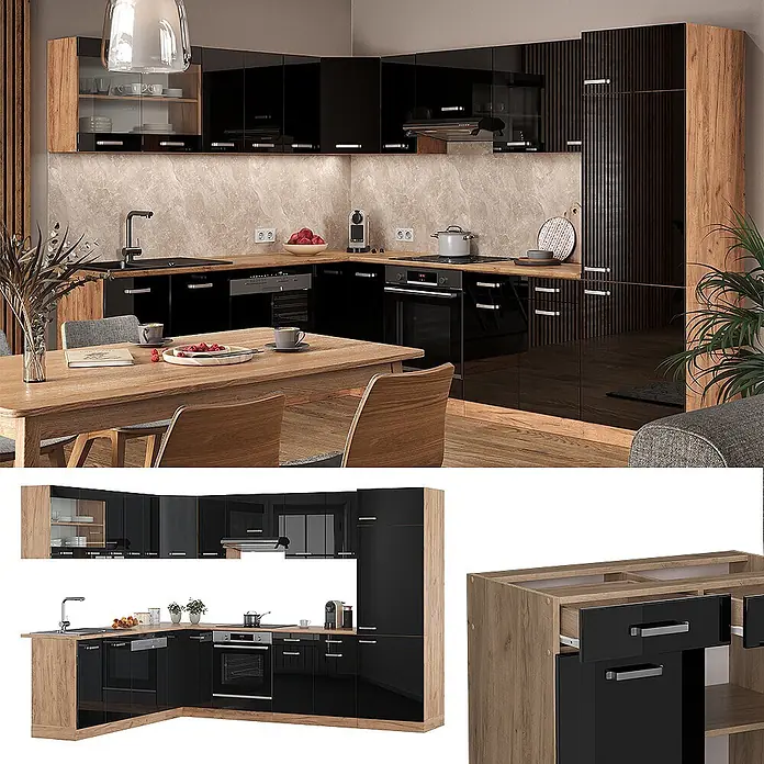 Vicco Eckküche R-Line Schwarz Hochglanz/Goldkraft Eiche, AP Eiche - B x T: 287 x 60 cm, Schwarz Hochglanz, Ohne Elektrogeräte - Moderne L-förmige Küche mit hochglänzenden schwarzen Türen, Holzoptik-Elementen und Einbaugeräten.