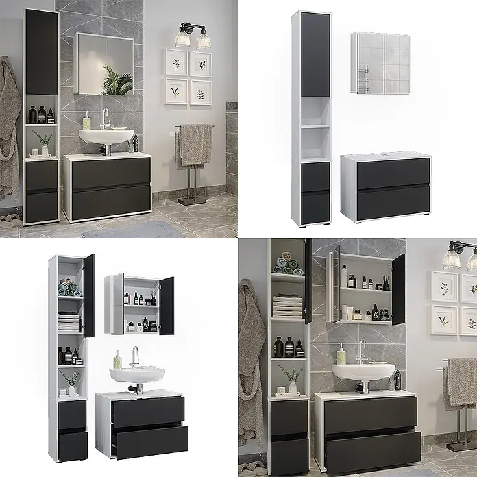 Vicco Badmöbel-Set Maltin Weiß/Anthrazit 3 Teile, mit Hochschrank - Gesamtbreite Badmöbel: 110,4 cm, Weiß, Matt - Modernes weiß-dunkelgraues Badmöbel-Set mit Hochschrank, Waschtischunterschrank und Spiegelschrank.
