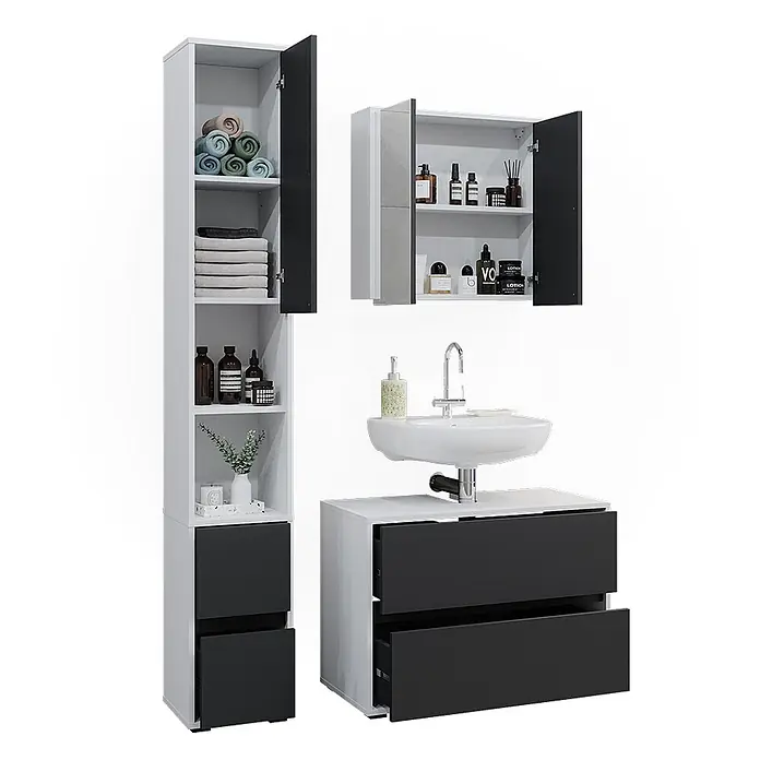 Vicco Badmöbel-Set Maltin Weiß/Anthrazit 3 Teile, mit Hochschrank - Gesamtbreite Badmöbel: 110,4 cm, Weiß, Matt - Weiß-dunkelgraues Badezimmermöbelset mit Hochschrank, Spiegelschrank und Waschtischunterschrank mit Schubladen.