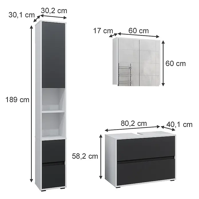 Vicco Badmöbel-Set Maltin Weiß/Anthrazit 3 Teile, mit Hochschrank - Gesamtbreite Badmöbel: 110,4 cm, Weiß, Matt - Modernes Badmöbel-Set in Weiß und Dunkelgrau: Hochschrank, Wandschrank und Waschtischunterschrank.
