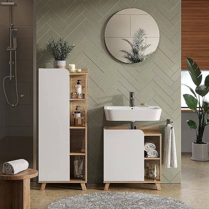 Vicco Badmöbel-Set Karen Sonoma/Weiß 3 Teile - Gesamtbreite Badmöbel: 110 cm, Sonoma, Matt - Modernes Badmöbel-Set aus hellem Holz und Weiß mit Hochschrank und Waschtischunterschrank samt Waschbecken.