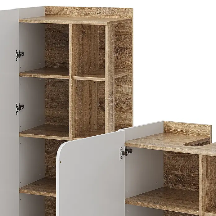 Vicco Badmöbel-Set Karen Sonoma/Weiß 3 Teile - Gesamtbreite Badmöbel: 110 cm, Sonoma, Matt - Zweifarbiger weißer und holzmaseriger Aufbewahrungsschrank mit offenen und geschlossenen Fächern.
