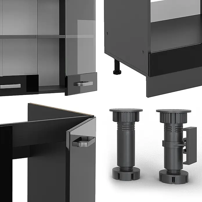 Vicco Eckküche R-Line Schwarz Hochglanz/Anthrazit ohne Arbeitsplatte - B x T: 287 x 46 cm, Schwarz Hochglanz, Ohne Elektrogeräte - Dunkelgrauer Modulschrank mit Glastüren, eleganten Griffen und verstellbaren Füßen.
