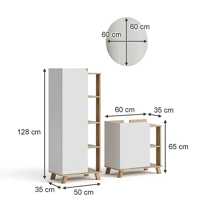 Vicco Badmöbel-Set Karen Sonoma/Weiß 3 Teile - Gesamtbreite Badmöbel: 110 cm, Sonoma, Matt - Zwei weiße und holzfarbene Schränke mit offenen Regalen und einem runden Spiegel.