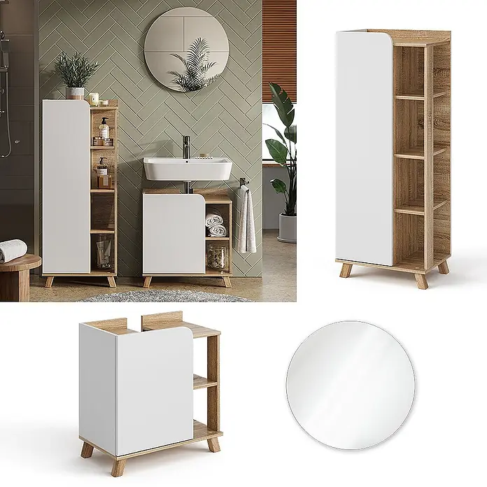 Vicco Badmöbel-Set Karen Sonoma/Weiß 3 Teile - Gesamtbreite Badmöbel: 110 cm, Sonoma, Matt - Badezimmermöbel-Set aus Holz mit weißen Paneelen: Hochschrank, Waschtischunterschrank und runder Spiegel im modernen Bad.