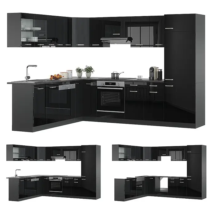 Vicco Eckküche R-Line Schwarz Hochglanz/Anthrazit ohne Arbeitsplatte - B x T: 287 x 46 cm, Schwarz Hochglanz, Ohne Elektrogeräte - Schwarze glänzende Eckküchenzeile mit integrierten Geräten, Spüle, Backofen und Kochfeld, mit massiven und Glastürschränken.