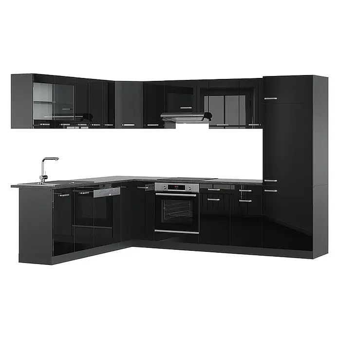 Vicco Eckküche R-Line Schwarz Hochglanz/Anthrazit ohne Arbeitsplatte - B x T: 287 x 46 cm, Schwarz Hochglanz, Ohne Elektrogeräte - Moderne L-förmige Küche mit hochglänzenden schwarzen Schränken, integrierter Spüle, Backofen und Kochfeld.