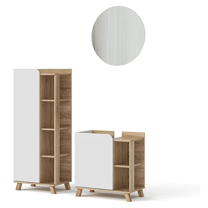 Vicco Badmöbel-Set Karen Sonoma/Weiß 3 Teile - Gesamtbreite Badmöbel: 110 cm, Sonoma, Matt - Zwei modulare Aufbewahrungseinheiten aus hellem Holz und Weiß (hoch und kurz) mit offenen Regalen, Paneeltüren und einem runden Spiegel.