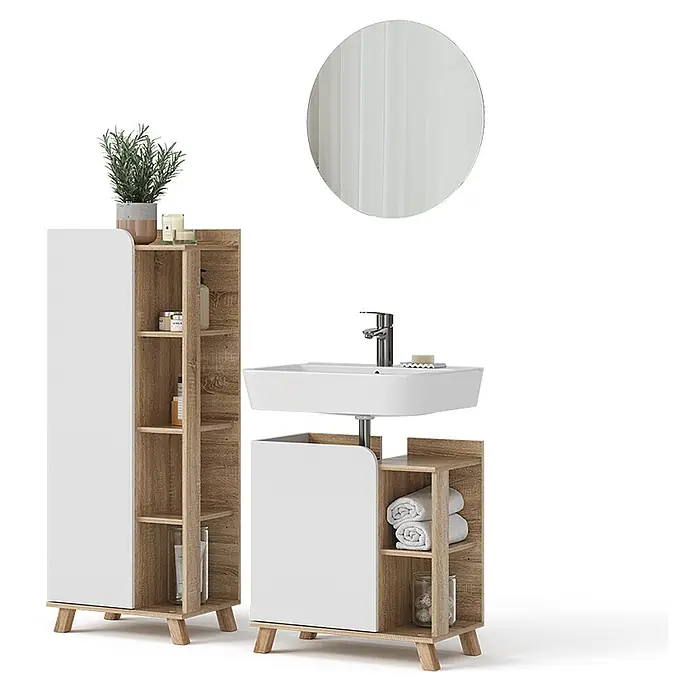 Vicco Badmöbel-Set Karen Sonoma/Weiß 3 Teile - Gesamtbreite Badmöbel: 110 cm, Sonoma, Matt - Weißes und helles Holz Badezimmermöbel-Set: Hochschrank und Waschtischunterschrank.
