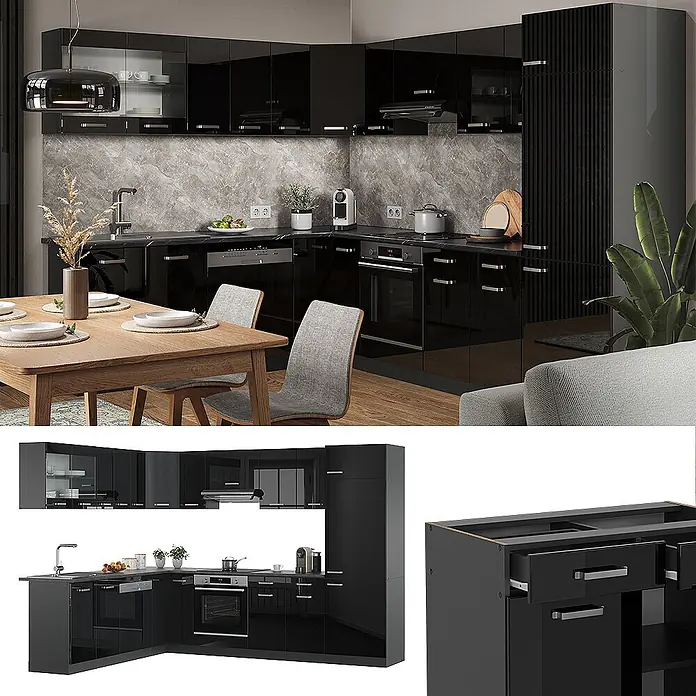 Vicco Eckküche R-Line Schwarz Hochglanz/Anthrazit ohne Arbeitsplatte - B x T: 287 x 46 cm, Schwarz Hochglanz, Ohne Elektrogeräte - Moderne schwarze Hochglanz L-Küche mit integrierten Geräten und Hochschrank.