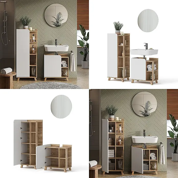 Vicco Badmöbel-Set Karen Sonoma/Weiß 3 Teile - Gesamtbreite Badmöbel: 110 cm, Sonoma, Matt - Helles Holz und weiße Badezimmermöbel: ein Hochschrank und ein Waschtischunterschrank, in einem modernen Bad.