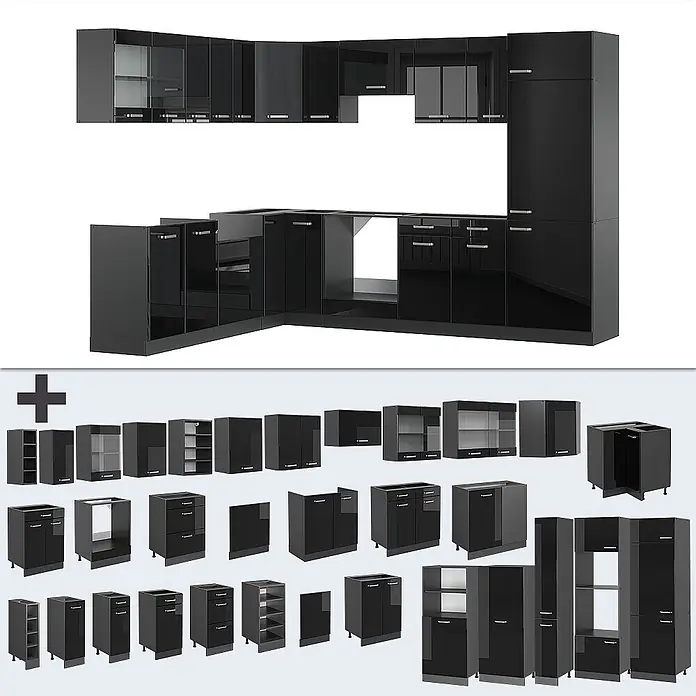 Vicco Eckküche R-Line Schwarz Hochglanz/Anthrazit ohne Arbeitsplatte - B x T: 287 x 46 cm, Schwarz Hochglanz, Ohne Elektrogeräte - Schwarze modulare Küchenzeile mit Hochglanz-Oberfläche, inklusive Eckschrank und einzelnen Schrankmodulen.