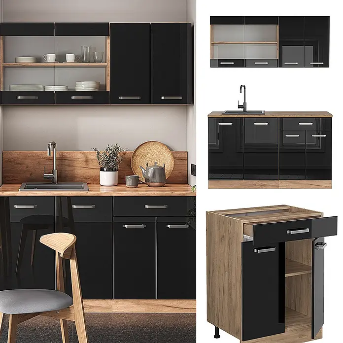 Vicco Singleküche R-Line Schwarz Hochglanz/Goldkraft Eiche, AP Anthrazit - Breite: 140 cm, Schwarz Hochglanz, Mit AP Anthrazit - Schwarze Hochglanz-Küchenschränke mit Holzdekor-Arbeitsplatten und Spüle. Zeigt vielseitige Stauraummodule für eine moderne Küche.