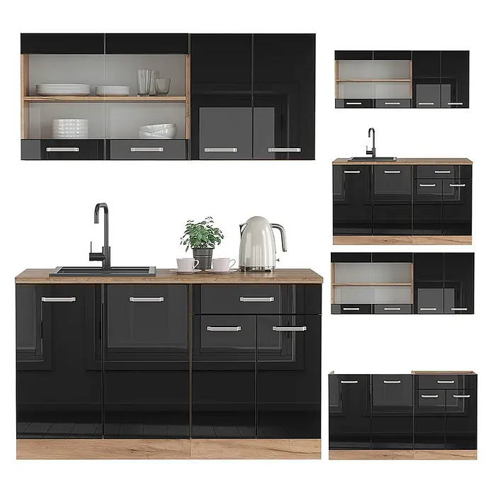 Vicco Singleküche R-Line Schwarz Hochglanz/Goldkraft Eiche, AP Anthrazit - Breite: 140 cm, Schwarz Hochglanz, Mit AP Anthrazit - Schwarze Hochglanz-Küchenschrank-Garnitur mit Holzelementen, Spüle und Hängeschränken mit Glastüren.