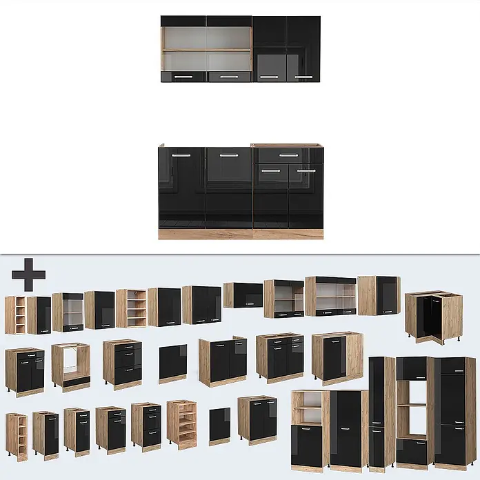 Vicco Singleküche R-Line Schwarz Hochglanz/Goldkraft Eiche, AP Anthrazit - Breite: 140 cm, Schwarz Hochglanz, Mit AP Anthrazit - Modulares Küchenschrank-Set mit schwarzen Hochglanzfronten und hellen Holzkorpussen, verschiedenen Unter-, Ober- und Hochschränken.