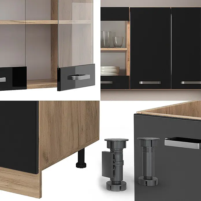 Vicco Singleküche R-Line Schwarz Hochglanz/Goldkraft Eiche, AP Anthrazit - Breite: 140 cm, Schwarz Hochglanz, Mit AP Anthrazit - Modulare Küchenschränke in Schwarz und Holzoptik, mit Glastüren, Metallgriffen und verstellbaren Füßen.