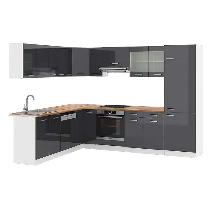 Vicco Eckküche R-Line Anthrazit Hochglanz/Weiß, AP Eiche - B x T: 287 x 60 cm, Anthrazit Hochglanz, Ohne Elektrogeräte - Moderne L-förmige Küchenzeile mit dunkelgrauen Hochglanzschränken, Arbeitsplatte in Holzoptik und integrierter Spüle, Backofen und Kochfeld.