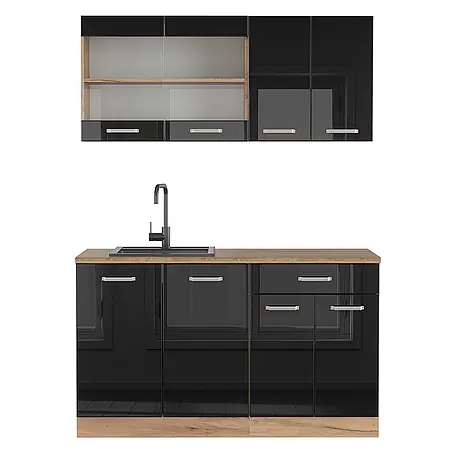 Vicco  Singleküche R-Line Schwarz Hochglanz/Goldkraft Eiche ohne Arbeitsplatte