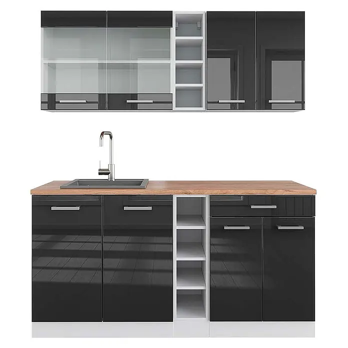 Vicco Singleküche R-Line Anthrazit Hochglanz/Weiß, AP Eiche - Breite: 160 cm, Anthrazit Hochglanz, Mit AP Eiche - Moderne schwarze Hochglanz-Küchenzeile mit Holz-Arbeitsplatte und Spüle. Verfügt über Glas-, Schubladen- und offene Regalelemente.