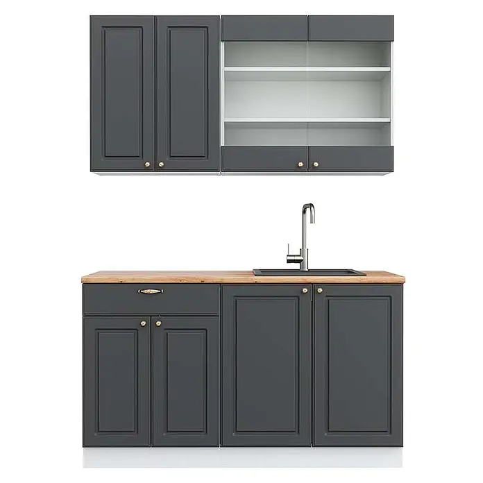 Vicco Singleküche Fame-Line Anthrazit-Gold/Weiß, AP Eiche - Breite: 140 cm, Anthrazit-Gold, Mit AP Eiche - Dunkelgraue Küchenzeile mit Holzplatte, Spülbecken, Wasserhahn und Goldgriffen. Enthält obere und untere Schränke, einige mit offenen Regalen.