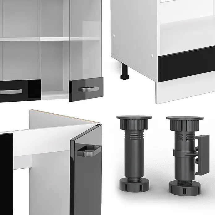 Vicco Eckküche R-Line Schwarz Hochglanz, AP Marmor - B x T: 287 x 60 cm, Schwarz Hochglanz, Ohne Elektrogeräte - Schwarze verstellbare Kunststoff-Schrankfüße und weiße sowie schwarze Schrankkomponenten mit Griffen.
