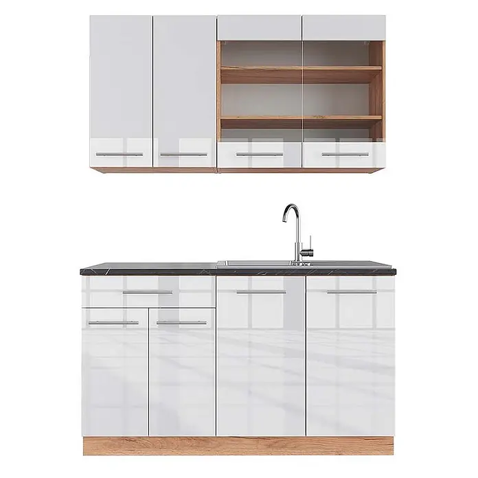 Vicco Singleküche Fame-Line, Weiß Hochglanz/Goldkraft Eiche, 140 cm -  - Moderne Küchenschränke mit weißen Hochglanzfronten, Holzelementen, dunkler Arbeitsplatte und integrierter Spüle mit Wasserhahn.