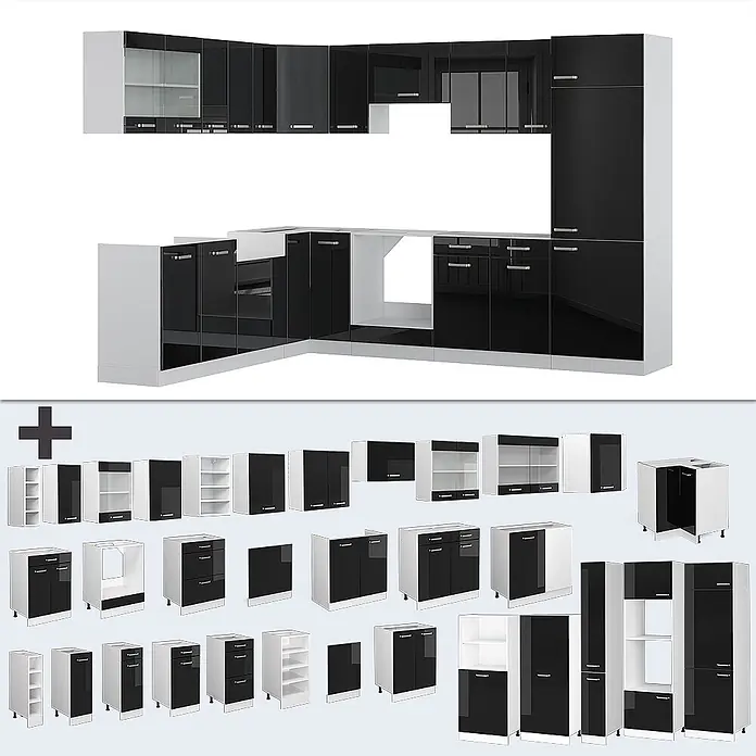 Vicco Eckküche R-Line Schwarz Hochglanz, AP Marmor - B x T: 287 x 60 cm, Schwarz Hochglanz, Ohne Elektrogeräte - Modulare schwarz-weiße Küchenschränke in L-Form, mit verschiedenen einzelnen Schrankelementen darunter.