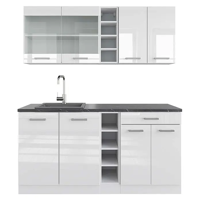 Vicco Singleküche R-Line Weiß Hochglanz/Weiß, AP Anthrazit - Breite: 160 cm, Weiß Hochglanz, Mit AP Anthrazit - Weißes Hochglanz-Küchenschrank-Set mit dunkler Arbeitsplatte und integrierter Spüle, bestehend aus Ober- und Unterschränken.