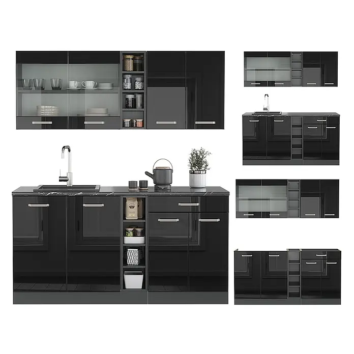 Vicco Singleküche R-Line Schwarz Hochglanz/Anthrazit, AP Eiche - Breite: 160 cm, Schwarz Hochglanz, Mit AP Eiche - Schwarz hochglänzendes modulares Küchenschrank-Set mit Ober- und Unterschränken, Spüle und Stauraum.