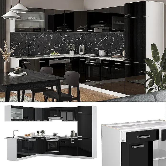 Vicco Eckküche R-Line Schwarz Hochglanz, AP Marmor - B x T: 287 x 60 cm, Schwarz Hochglanz, Ohne Elektrogeräte - Eine U-förmige moderne Küche mit hochglänzenden schwarzen Schränken, weißen Arbeitsplatten und schwarzer Marmor-Rückwand.