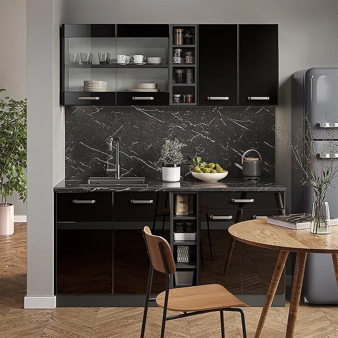Vicco Singleküche R-Line Schwarz Hochglanz/Anthrazit, AP Eiche - Breite: 160 cm, Schwarz Hochglanz, Mit AP Eiche - Elegante hochglänzende schwarze Küchenschränke mit integrierter Spüle und marmorierter Rückwand.