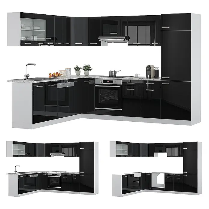 Vicco Eckküche R-Line Schwarz Hochglanz, AP Marmor - B x T: 287 x 60 cm, Schwarz Hochglanz, Ohne Elektrogeräte - Eckküchenzeile mit schwarzen Hochglanztüren, weißen Seiten, integrierter Spüle, Backofen und Geschirrspüler.