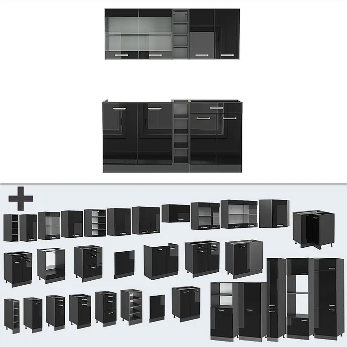 Vicco Singleküche R-Line Schwarz Hochglanz/Anthrazit, AP Eiche - Breite: 160 cm, Schwarz Hochglanz, Mit AP Eiche - Schwarze modulare Küchenschränke und Einheiten, teils mit glänzenden Fronten und Glaseinsätzen.