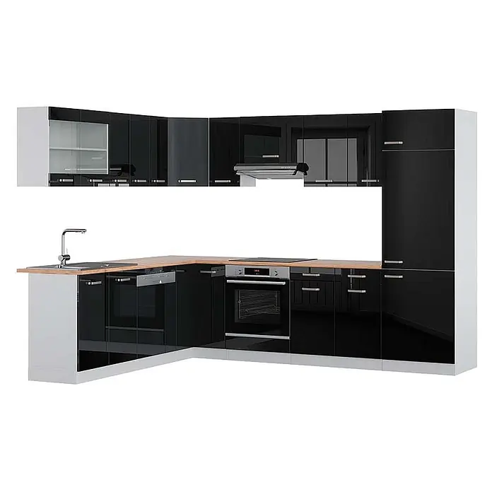 Vicco Eckküche R-Line Schwarz Hochglanz/Weiß, AP Eiche - B x T: 287 x 60 cm, Schwarz Hochglanz, Ohne Elektrogeräte - Moderne L-förmige Küchenzeile mit hochglanzschwarzen Fronten, heller Holzplatte und integrierten Geräten.