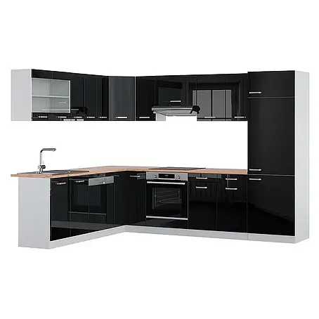 Vicco  Eckküche R-Line Schwarz Hochglanz/Weiß, AP Eiche