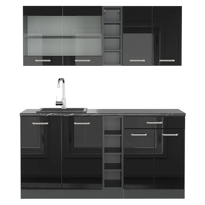 Vicco Singleküche R-Line Schwarz Hochglanz/Anthrazit ohne Arbeitsplatte - Breite: 160 cm, Schwarz Hochglanz, Ohne AP - Hochglänzende schwarze Küchenschrank-Garnitur mit Milchglas-Oberschränken, schwarzer Marmor-Arbeitsplatte, Spüle und Chromgriffen.