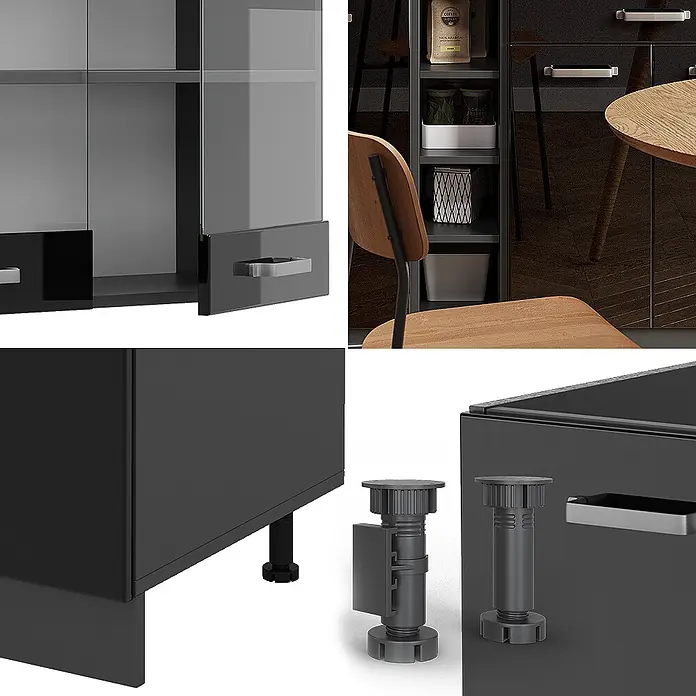 Vicco Singleküche R-Line Schwarz Hochglanz/Anthrazit, AP Eiche - Breite: 160 cm, Schwarz Hochglanz, Mit AP Eiche - Dunkelgraues modulares Schranksystem mit Glastüren, Schubladen und verstellbaren Füßen. In modernem Interieur.