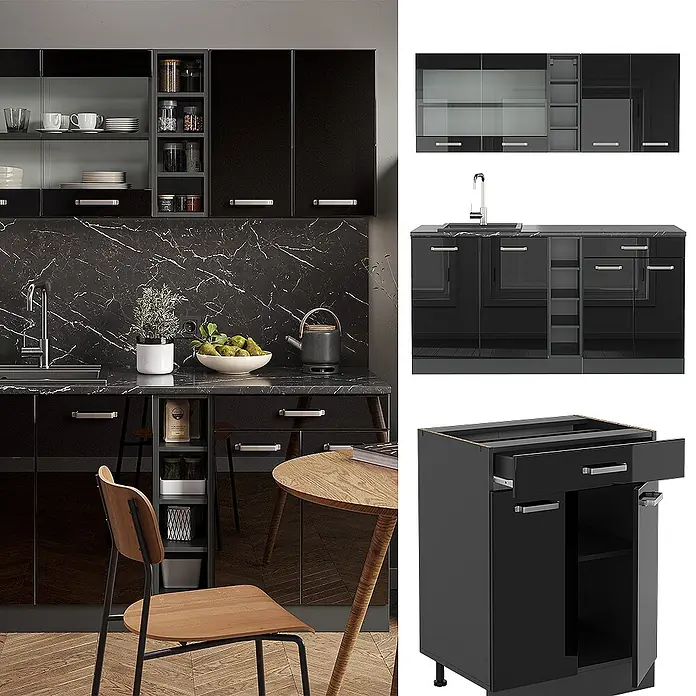 Vicco Singleküche R-Line Schwarz Hochglanz/Anthrazit, AP Eiche - Breite: 160 cm, Schwarz Hochglanz, Mit AP Eiche - Schwarze, glänzende modulare Küchenschränke mit Marmor-Arbeitsplatte und integrierten offenen Regalen.