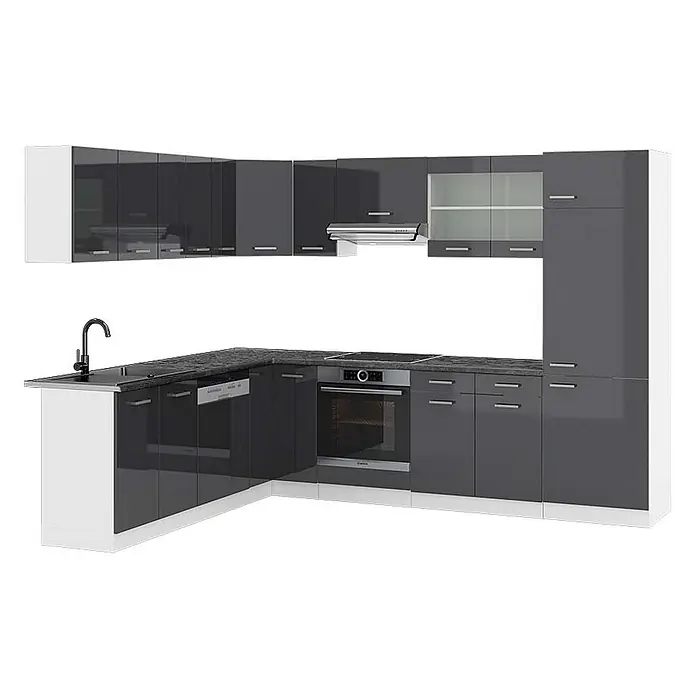Vicco Eckküche R-Line Anthrazit Hochglanz/Weiß, AP Anthrazit - B x T: 287 x 60 cm, Anthrazit Hochglanz, Ohne Elektrogeräte - Moderne L-förmige Küchenzeile mit hochglanz dunkelgrauen Schränken, weißen Paneelen und dunkler Arbeitsplatte, inklusive Geräten.