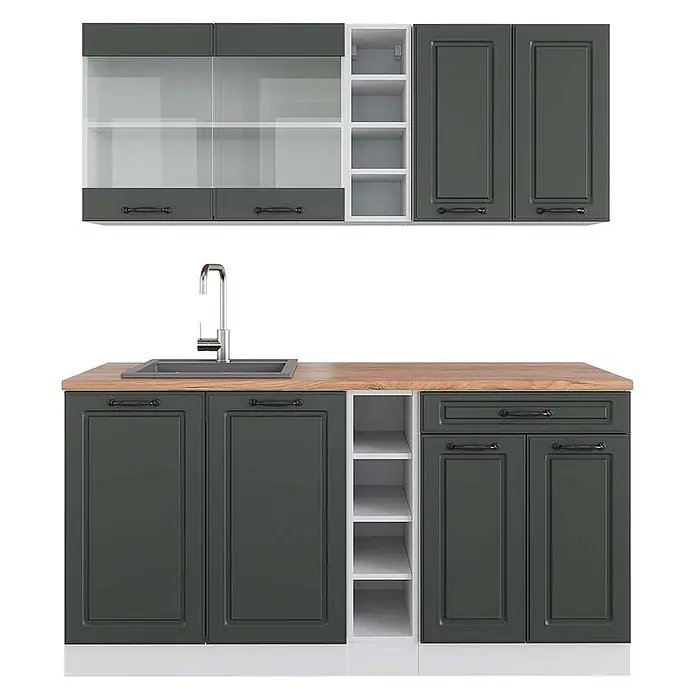 Vicco Singleküche R-Line Anthrazit Landhaus/Weiß, AP Eiche - Breite: 160 cm, Anthrazit Landhaus, Mit AP Eiche - Dunkelgraue Küchenschrankzeile mit Holzplatte, Spüle und offenen Regalen. Mit Voll- und Glasfront-Oberschränken.