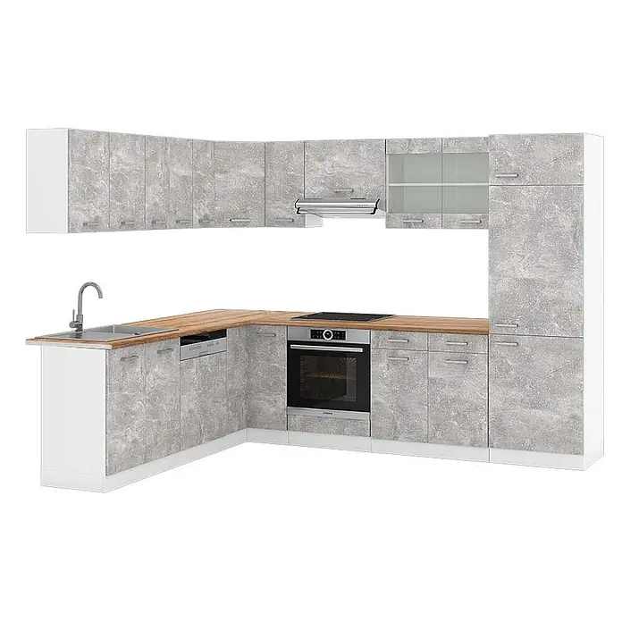 Vicco Eckküche R-Line Beton/Weiß, AP Eiche - B x T: 287 x 60 cm, Beton, Ohne Elektrogeräte - Eckküche mit hellgrauen Betonoptik-Schränken, Holzplatte, Spüle, Kochfeld, Ofen und Hochschrank. Integrierte Geräte.