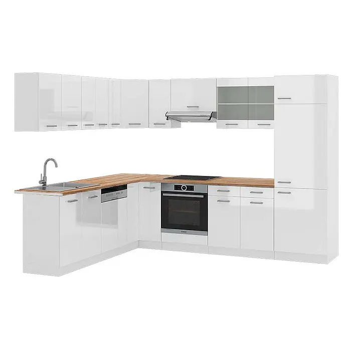 Vicco Eckküche R-Line Weiß Hochglanz/Weiß, AP Eiche - B x T: 287 x 60 cm, Weiß Hochglanz, Ohne Elektrogeräte - Weiße Hochglanz L-Küchenzeile mit Holz-Arbeitsplatte, Spüle, Kochfeld, Backofen, Geschirrspüler, Dunstabzugshaube und Hochschrank.