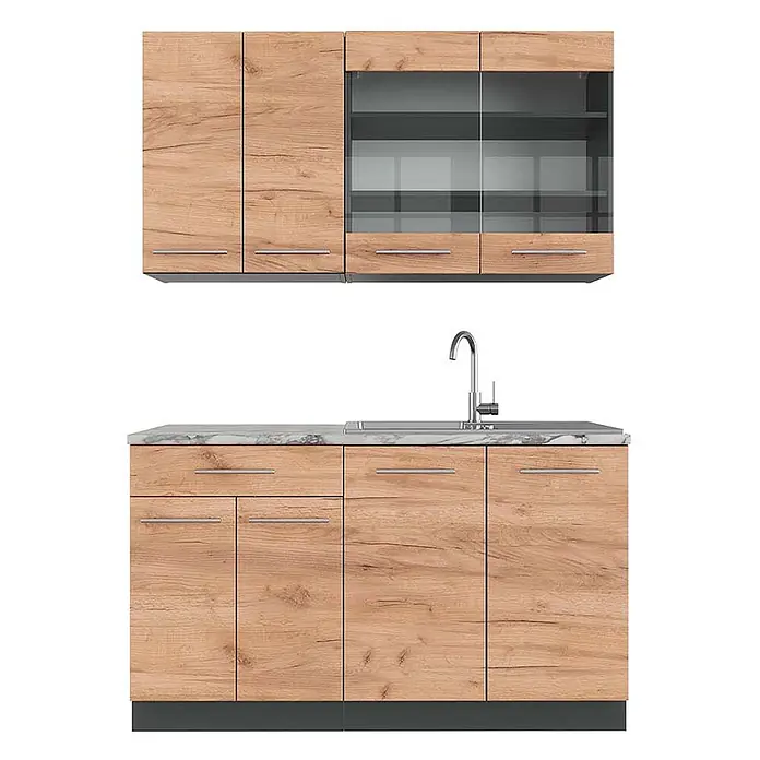 Vicco Singleküche Fame-Line Goldkraft Eiche/Anthrazit, AP Marmor - Breite: 140 cm, Goldkraft Eiche, Mit AP Marmor - Moderne Küchenzeile mit hellen Holzmaserungsschränken, Marmor-Arbeitsplatte und Spülbecken. Oberschränke mit Glasfront.