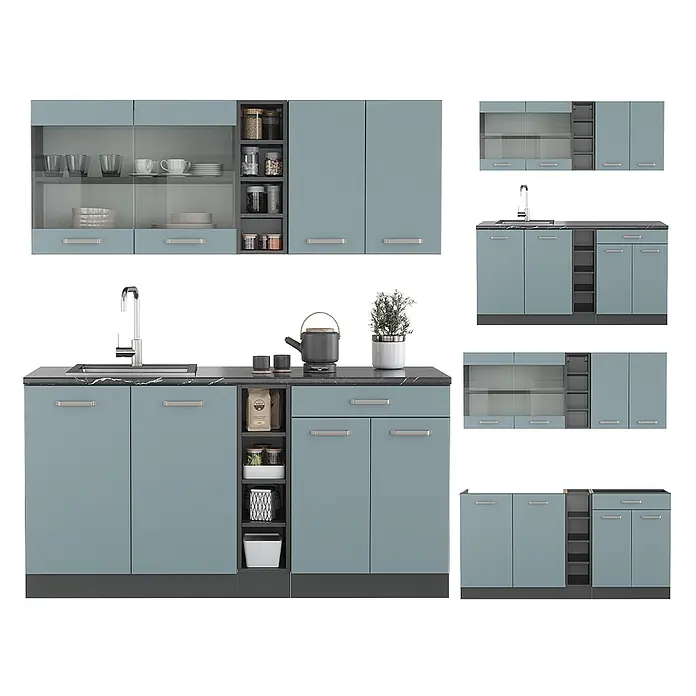 Vicco Singleküche R-Line Blau-Grau/Anthrazit, AP Eiche - Breite: 160 cm, Blau-Grau, Mit AP Eiche - Hellblaue Modulküche mit dunkelgrauen Arbeitsplatten, Spüle und Vitrinenschränken.