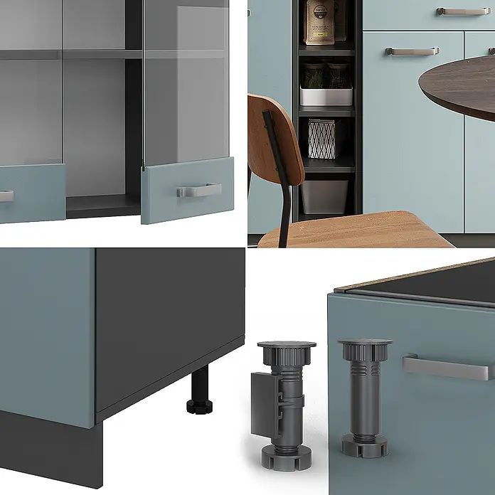 Vicco Singleküche R-Line Blau-Grau/Anthrazit, AP Eiche - Breite: 160 cm, Blau-Grau, Mit AP Eiche - Modulare Küchenschränke in Hellblau-Grau mit dunkelgrauen Rahmen, silbernen Griffen und verstellbaren Füßen.